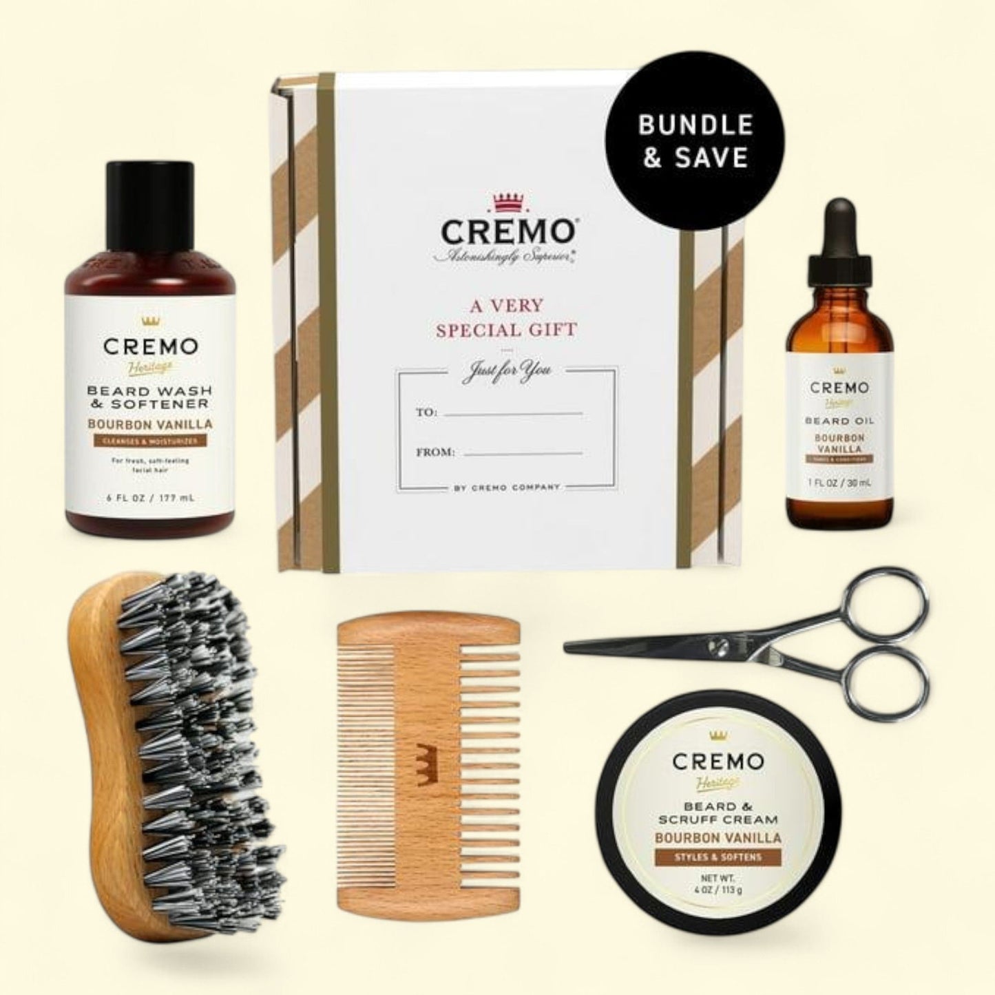 Cremo Bourbon Vanilla Ultimate Beard Grooming Mens Gift Set, 3 Items + 3 Tools, 3oz