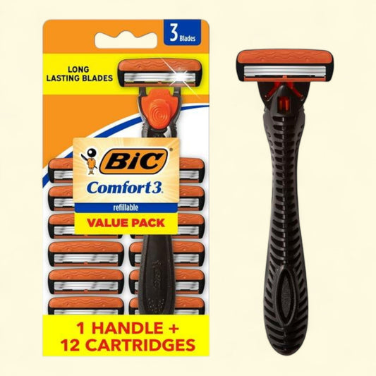 BIC Comfort 3 Razors, 1 Handle and 12 Cartridges, 3 Blades, 13 Piece Kit