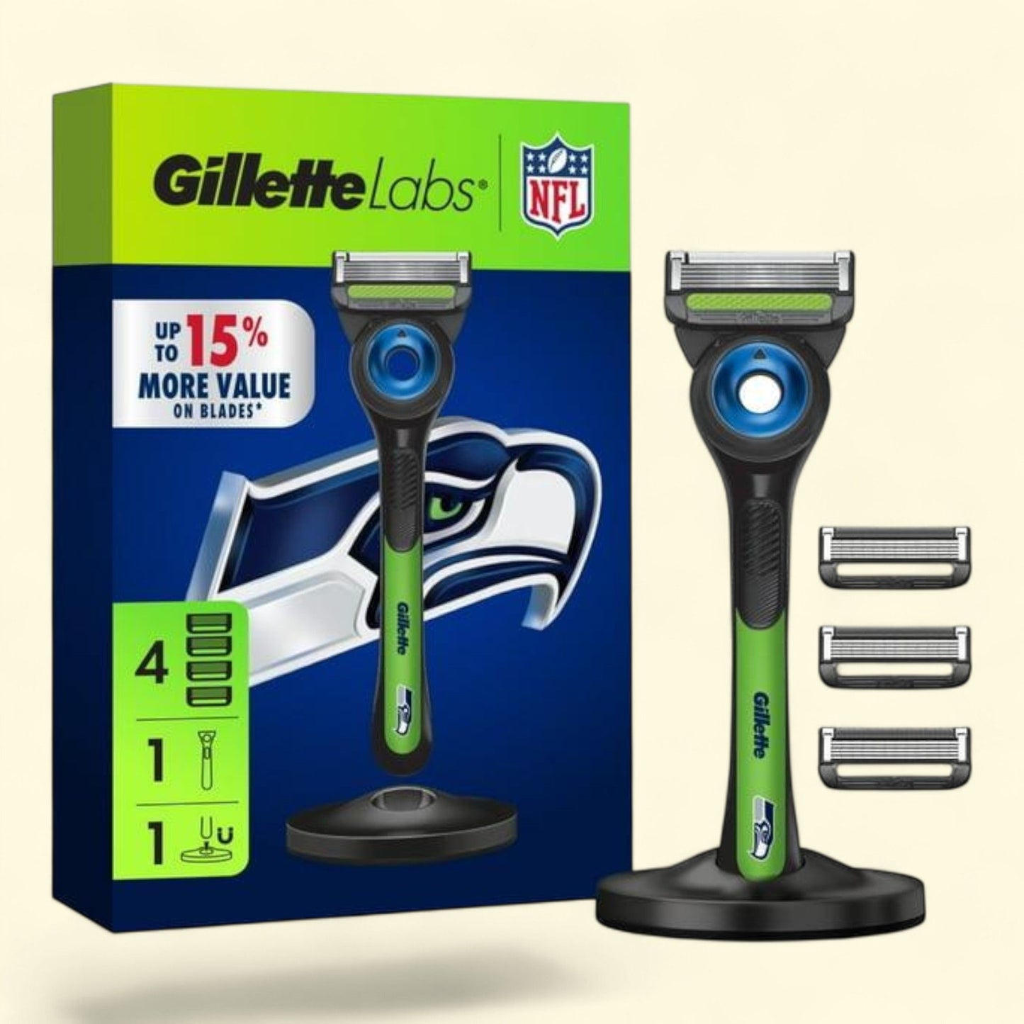 Gillette Labs Seahawks Razor for Men, 1 Handle, 4 Blade Refills, Gi... — authentic US product shipped worldwide by Treatspree