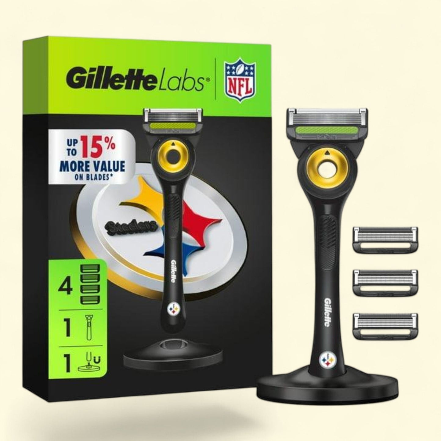 Gillette Labs Steelers Razor for Men, 1 Handle, 4 Blade Refills, Gillette Labs, Exfoliating Bar