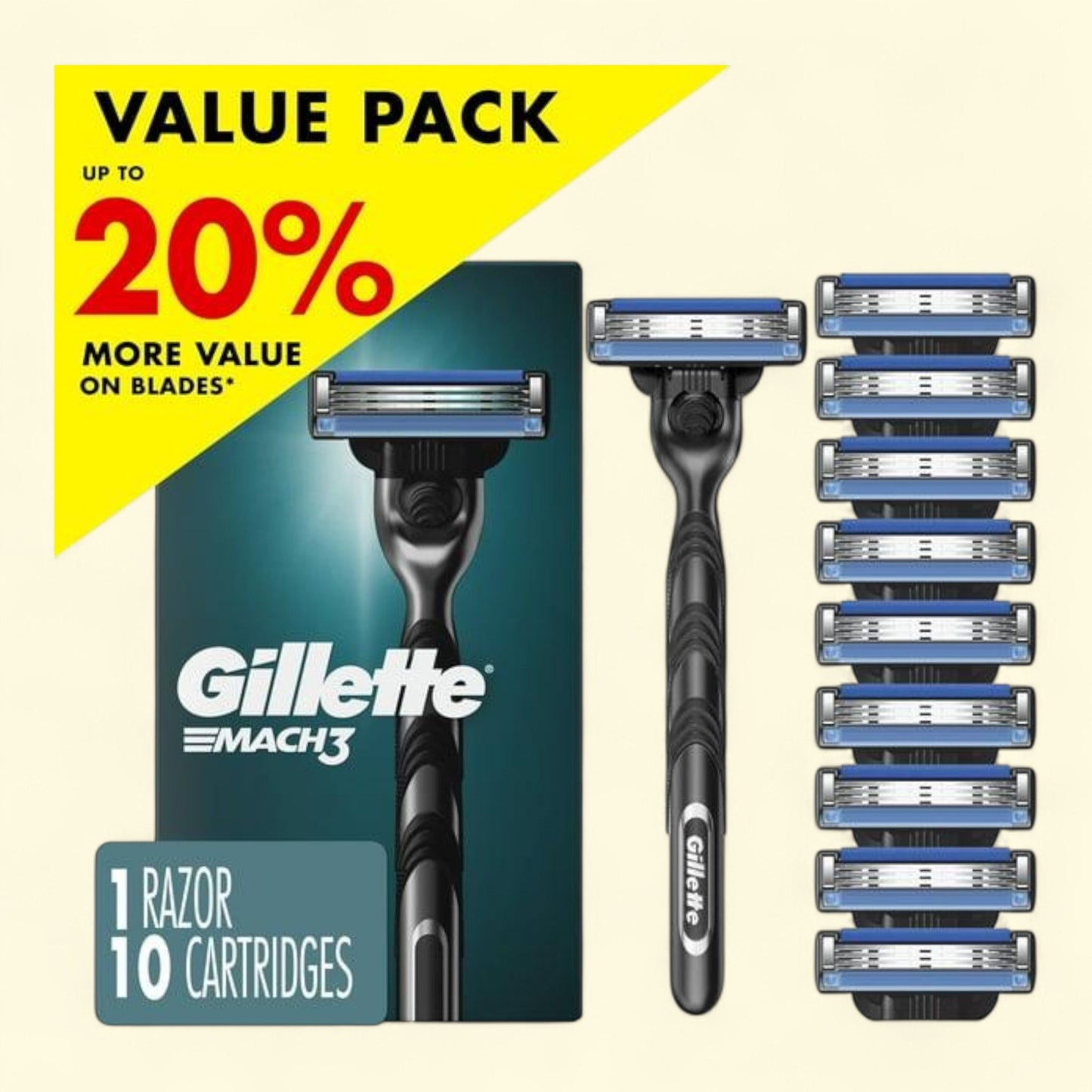 Gillette Mach3 Shaving Razor, 1 Handle, 10 Blade Refills
