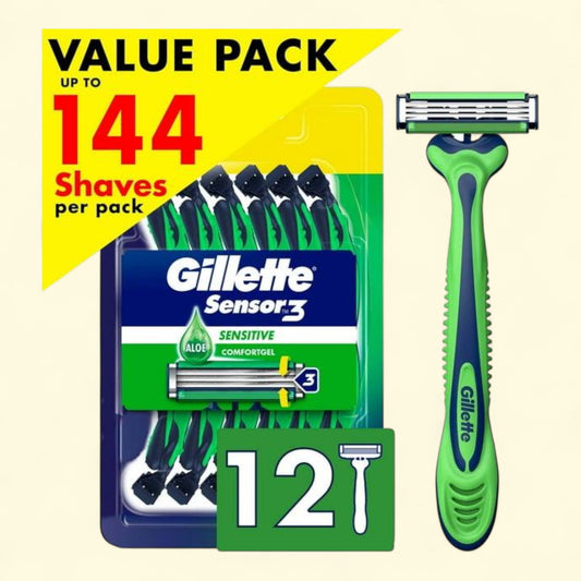 Gillette Sensor3 Sensitive Men's Disposable Razor, 12 Razors