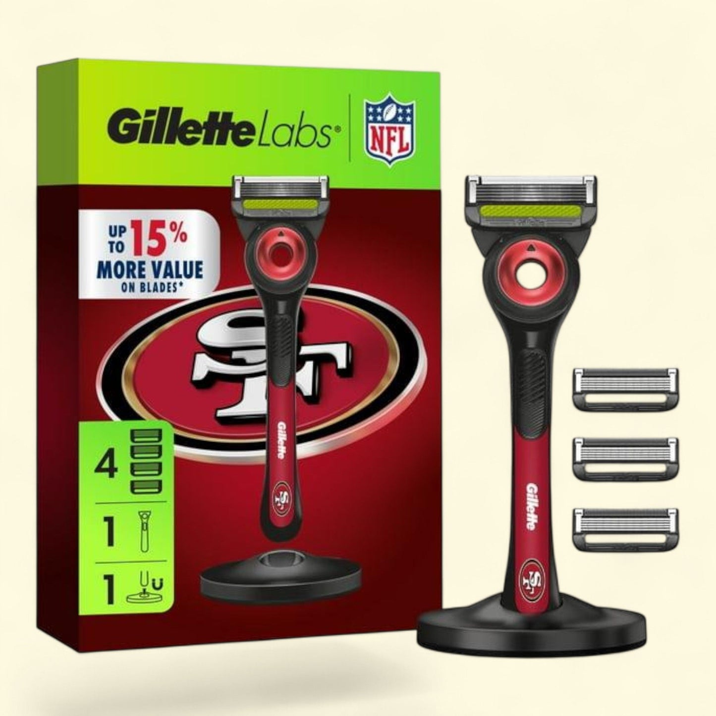Gillette Labs Razor for Men, 1 Handle, 4 Blade Refills, with Magnetic Stand,  Gillette Labs, 49ers Licensed