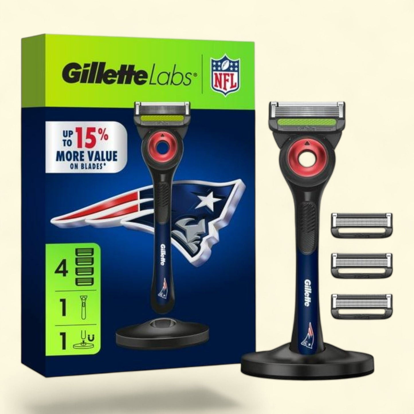 Gillette Labs Patriots Razor for Men, 1 Handle, 4 Blade Refills, Gillette Labs, Exfoliating Bar