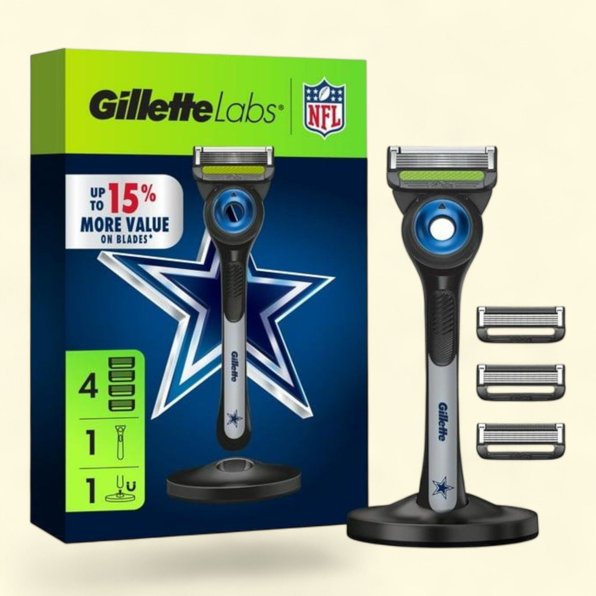 Gillette Labs Cowboys Licensed Razor, 1 Handle, 4 Blade Refills, Gi... — authentic US product shipped worldwide by Treatspree