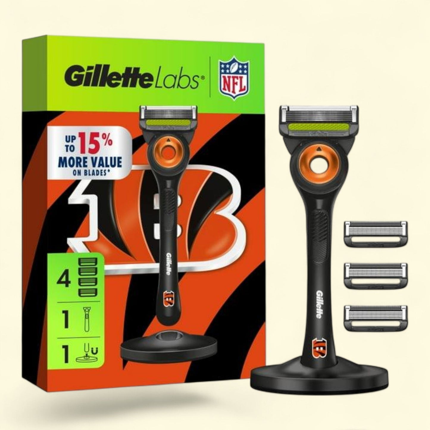 Gillette Labs Official Bengals Licensed Razor for Men, 1 Handle, 4 Blade Refills, Gillette Labs, Size: Exfoliating Bar