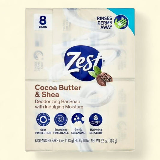 Zest Cocoa Butter & Shea Bar Soap, 4 oz, 8 Bars