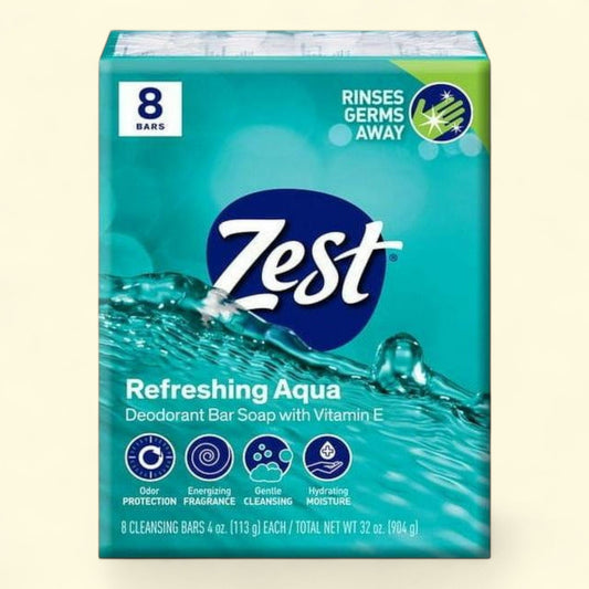 Zest Deodorant Bar Soap, Aqua, 4 oz, 8 Bars