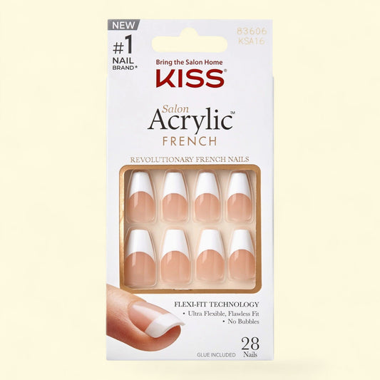 Kiss Salon Acrylic Medium Coffin Press-on Nails, White French, 28 P... — authentic US product shipped worldwide by Treatspree