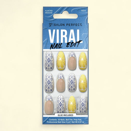 Salon Perfect Press-On Nails, 346 Viral Nail Edit, Lemon, Medium Almond, 30 Nails
