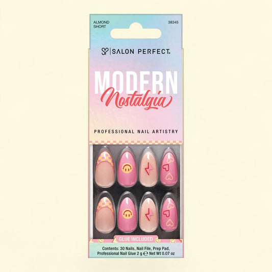 Salon Perfect Press-ons, 337 Modern Nostalgia, Smiley Checkered, Short Almond, 30 Nails