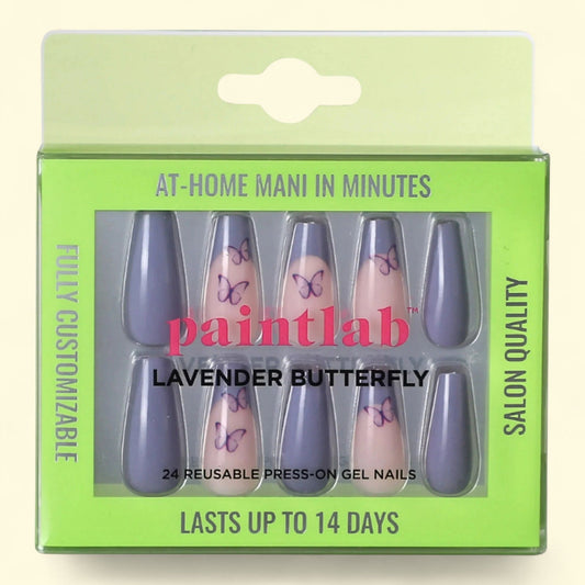 PaintLab Gel Press on Nails Kit, Coffin Shape, Purple Lavender Butterfly, 30 Count