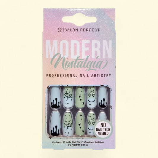Salon Perfect Press-ons, 215 Modern Nostalgia, Matte Blue Green UFO, Long Coffin, 30 Nails