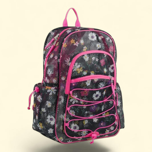 Unisex Large Mesh Backpack with Bungee, Ditsy Floral Bird