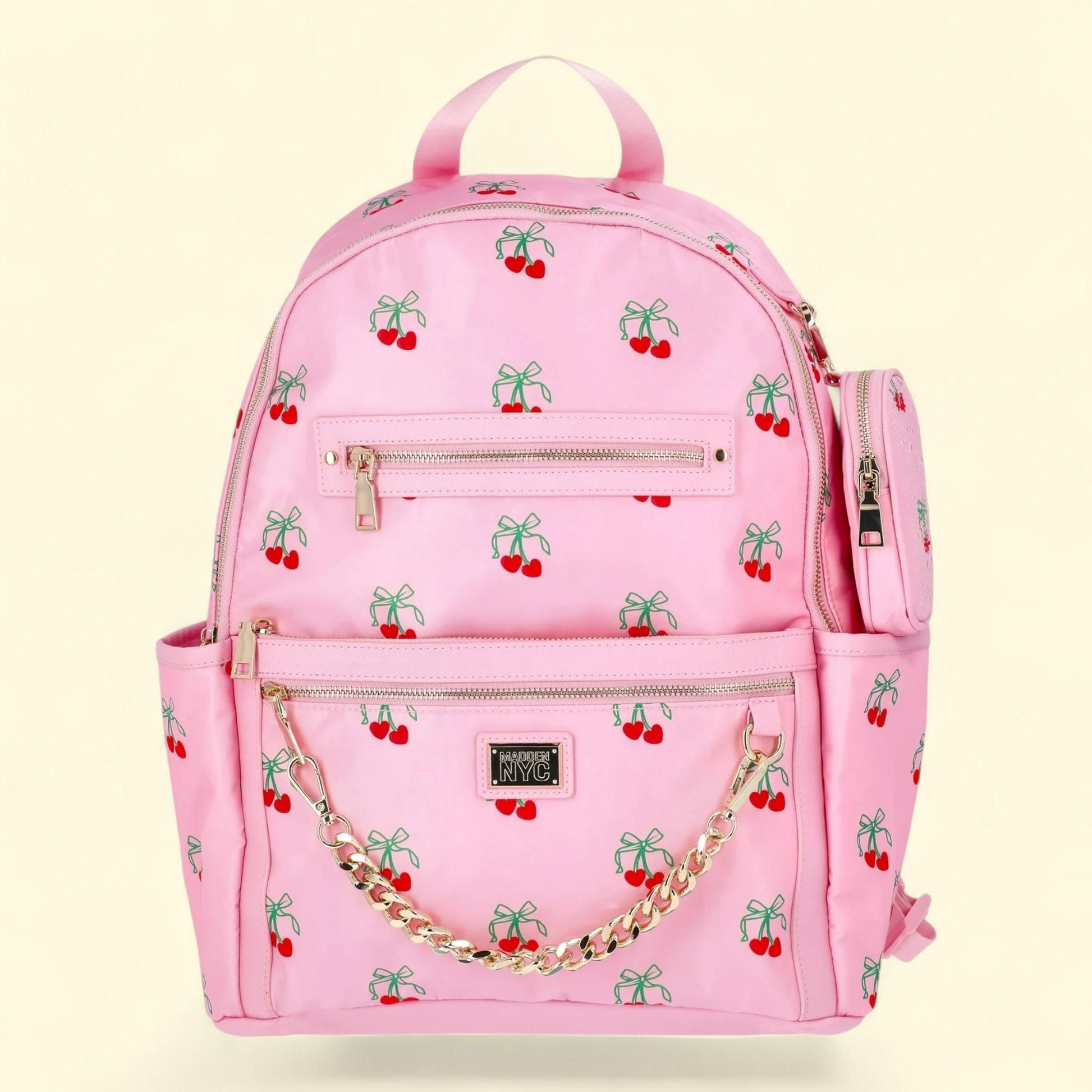 Madden NYC Women's Chain Pocket Dome Backpack, Pink Cherry 17" — authentic US product shipped worldwide by Treatspree