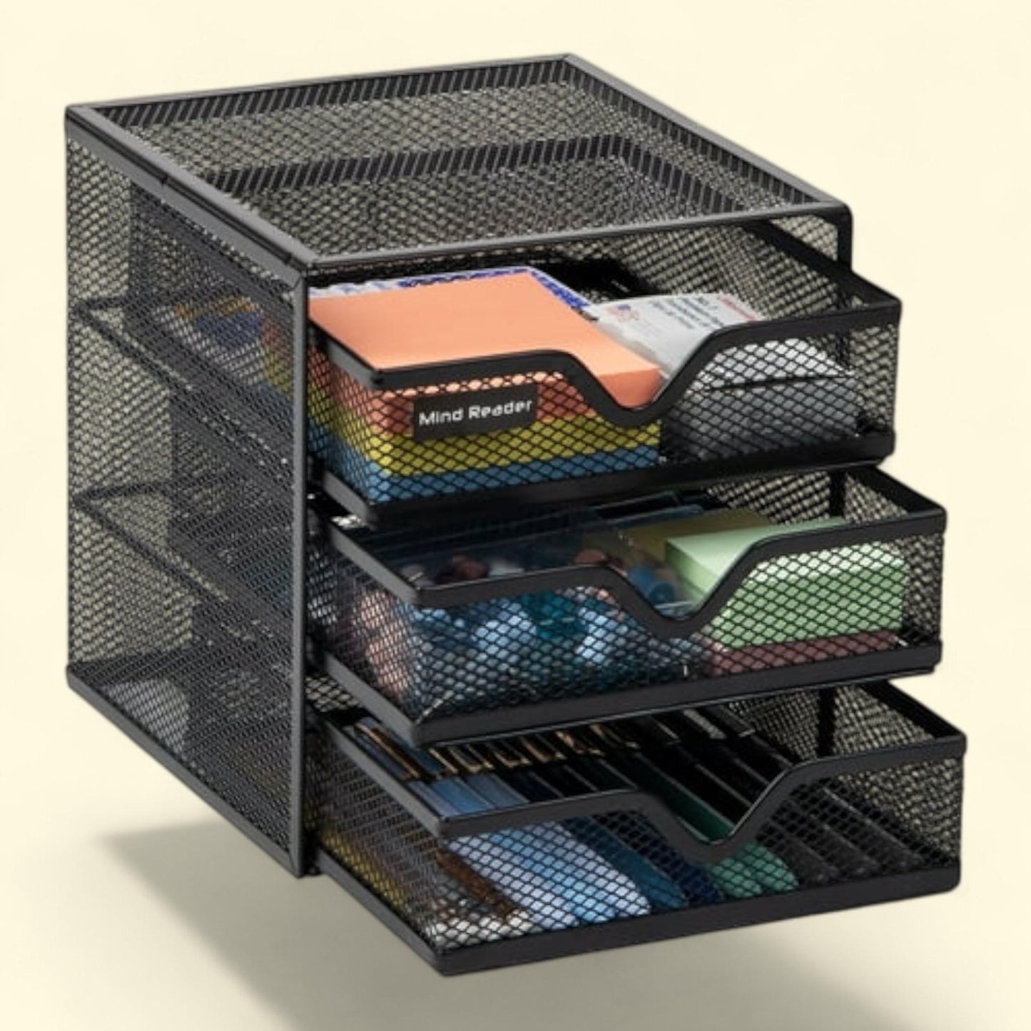 Mind Reader Mesh Mini 3 Tier Drawer Organizer, 3 Drawers, 1 Top Shelf, Black