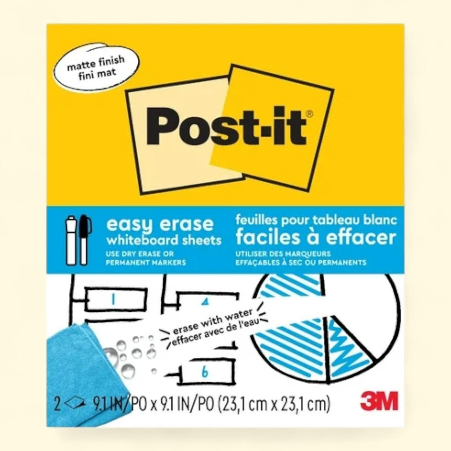 Post-it Easy Erase Permanent Marker Whiteboard Surface, 9.1 in x 9.1 in