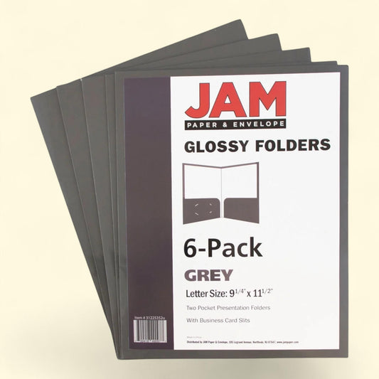 JAM Paper Glossy Two Pocket Folders, Gray, 6 Pack