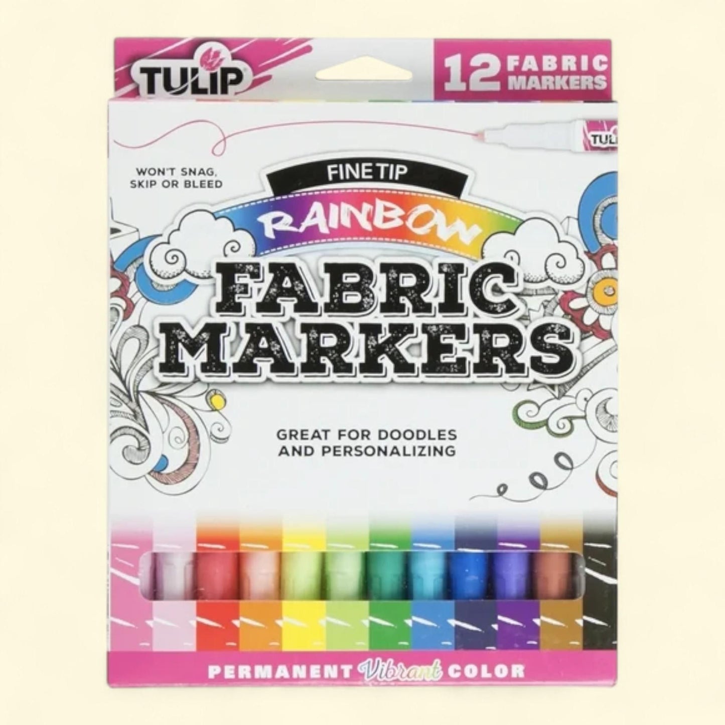Tulip Fabric Markers, Fine Tip, 12 Pack, Rainbow, Unisex, Adults