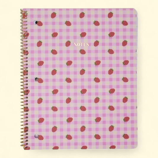 Notebook with strawberry pattern on a pink and white checkered background