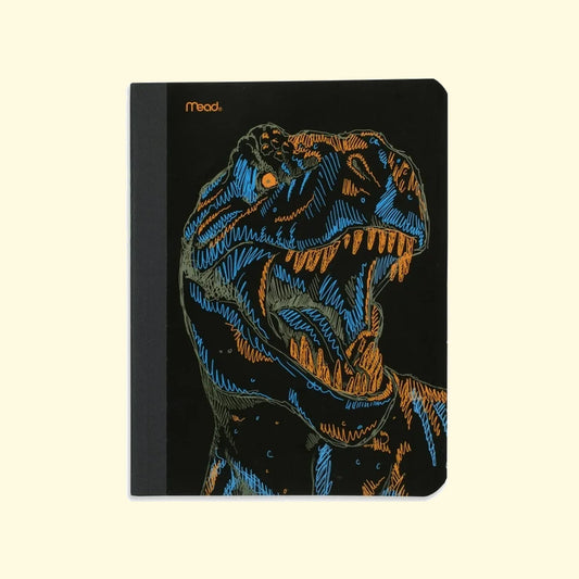 Notebook with dinosaur design on a black background
