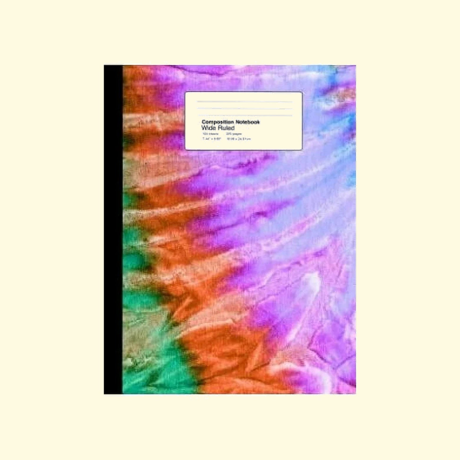 Colorful tie-dye notebook with a white label on a beige background