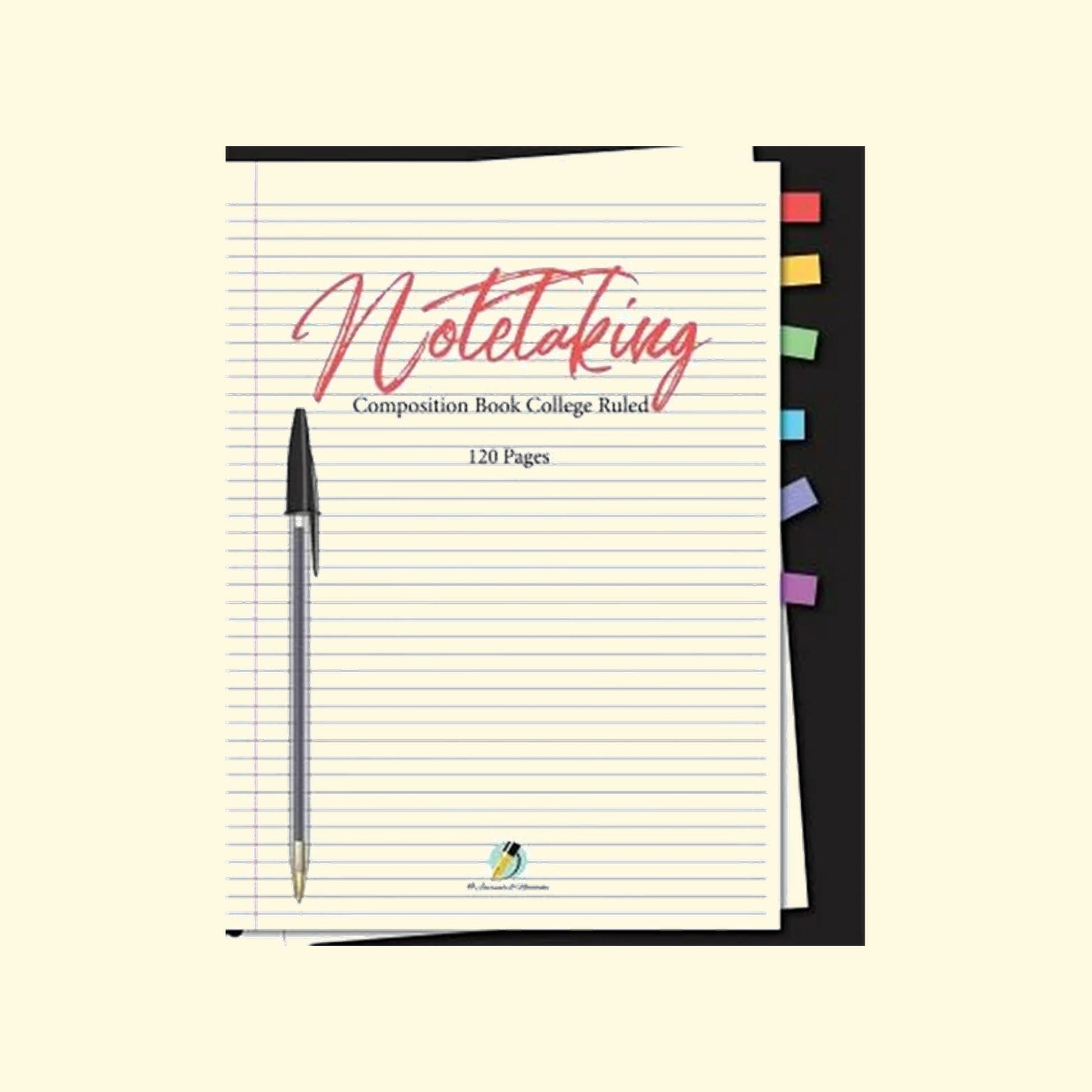Notebook with pen and colorful tabs on a beige background