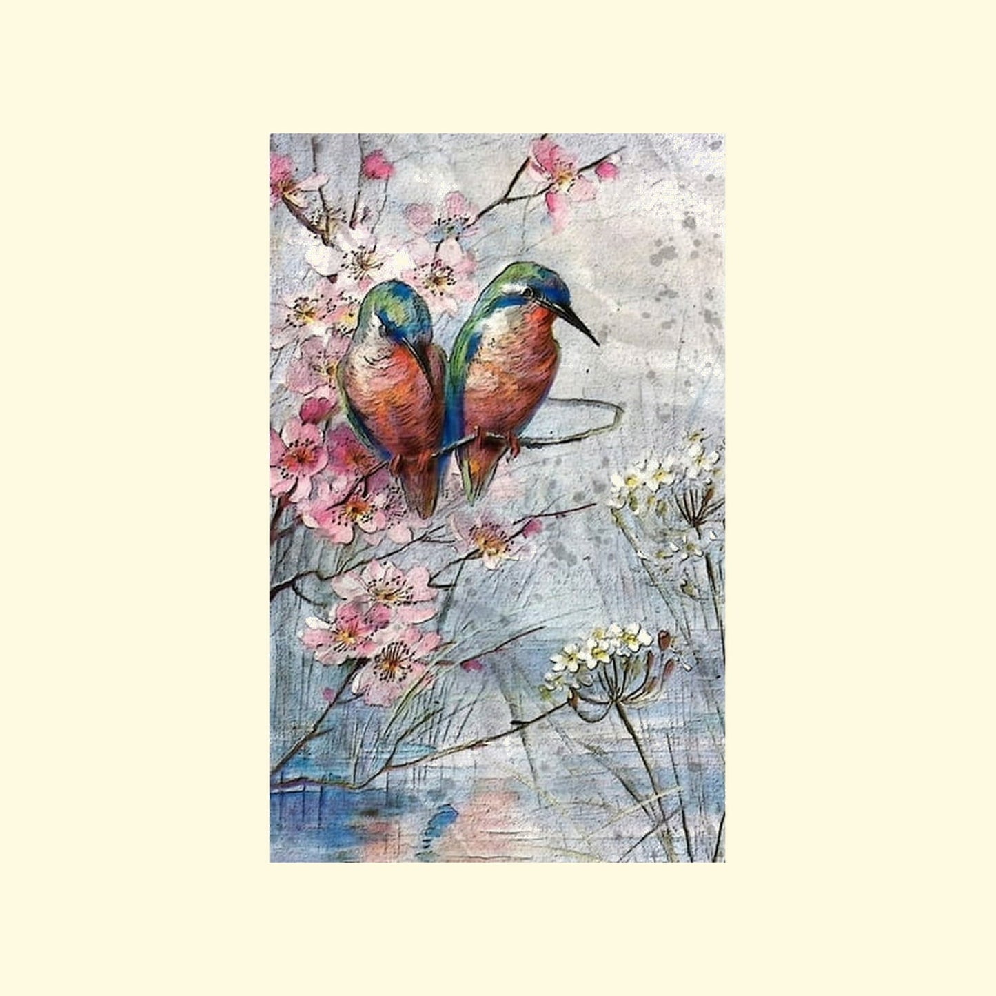 Artistic depiction of two birds perched on a branch with flowers