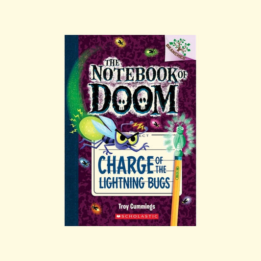 Book cover of 'The Notebook of Doom: Charge of the Lightning Bugs' with a purple background and cartoon characters.