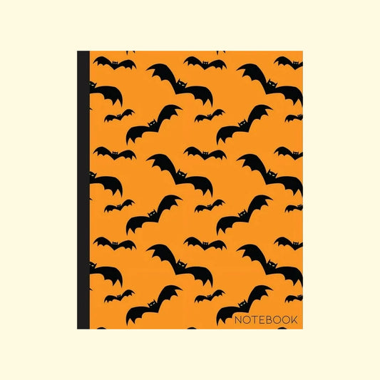 Notebook with Halloween design of black bats on an orange background