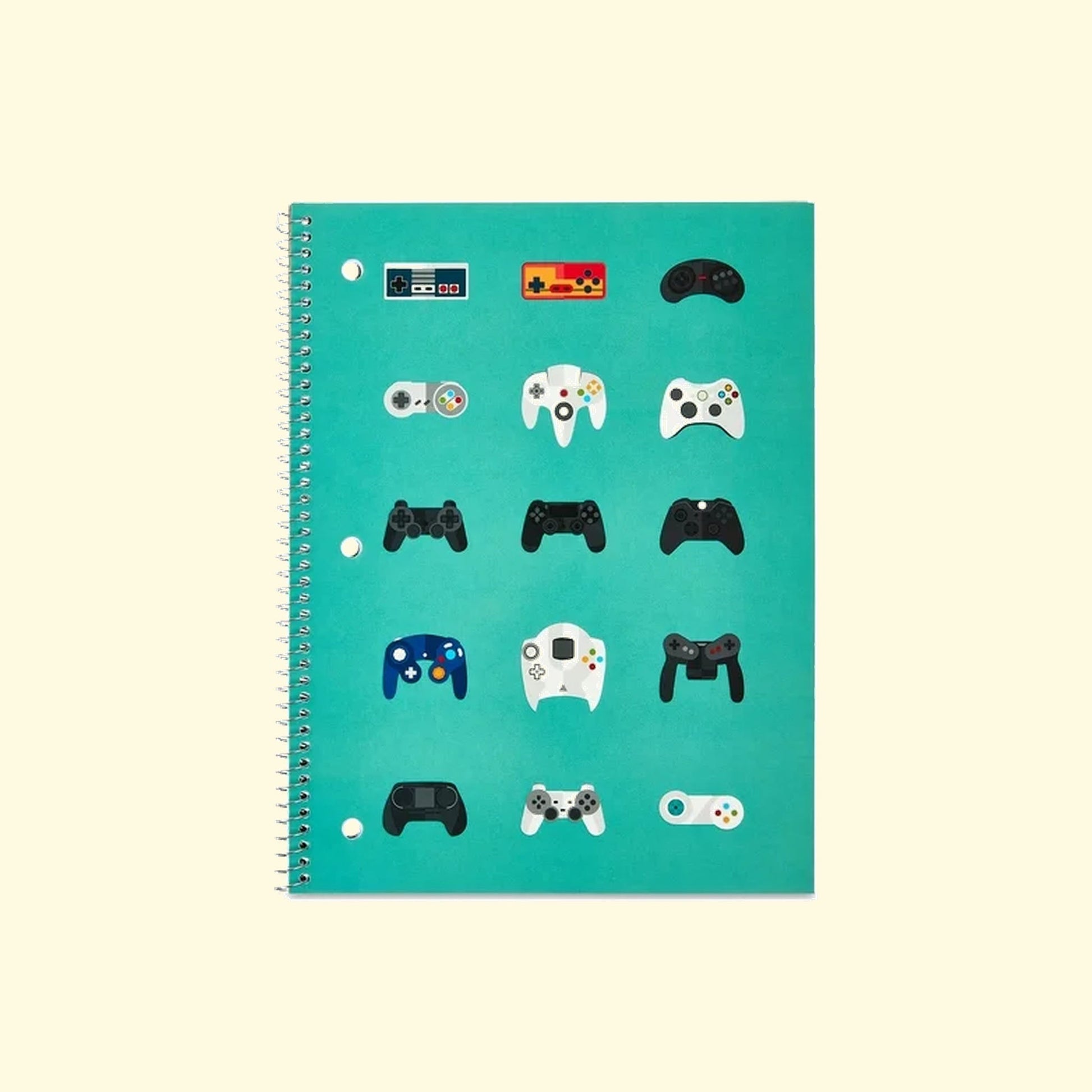 Notebook with gaming controller illustrations on a teal cover 