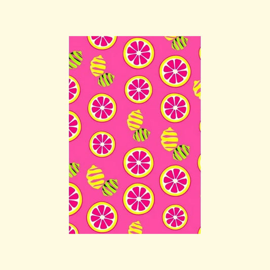 Notebook with a pink cover featuring lemon slices and bees on a yellow background