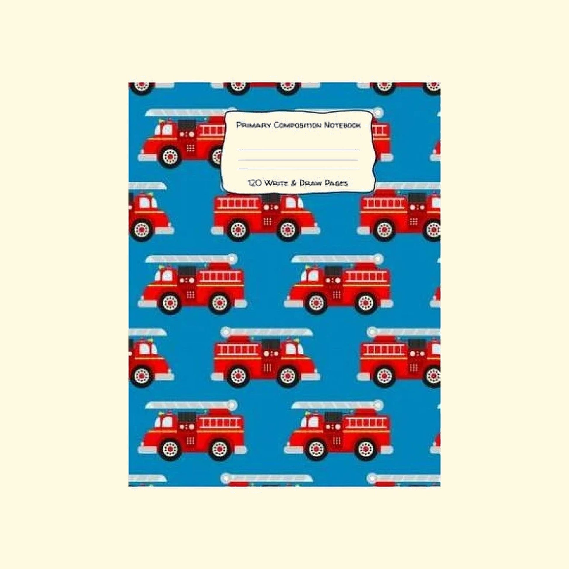 Notebook with red fire truck pattern on a blue background