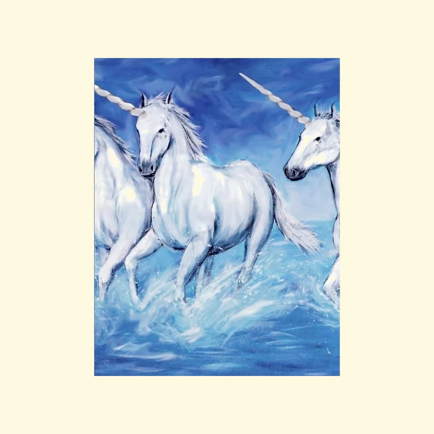 Three white unicorns running in water with a blue sky background book
