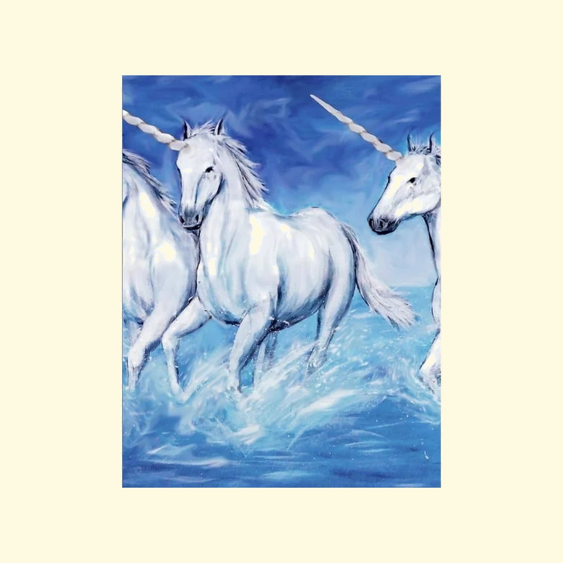 Three white unicorns running in water with a blue sky background book