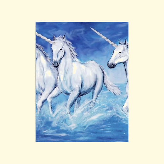 Three white unicorns running in water with a blue sky background book