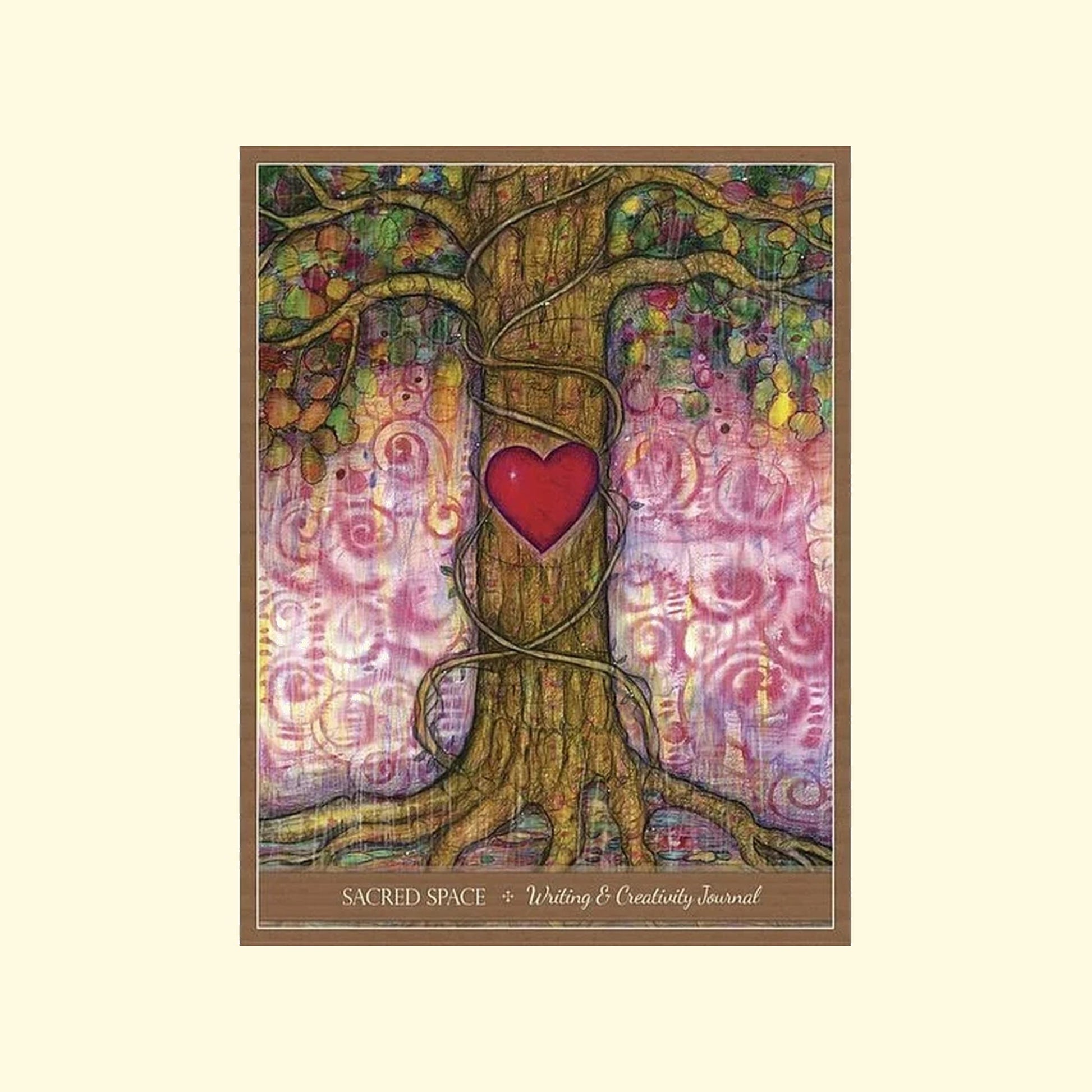 Colorful tree with a red heart at its center on a textured background, titled 'Sacred Space'.