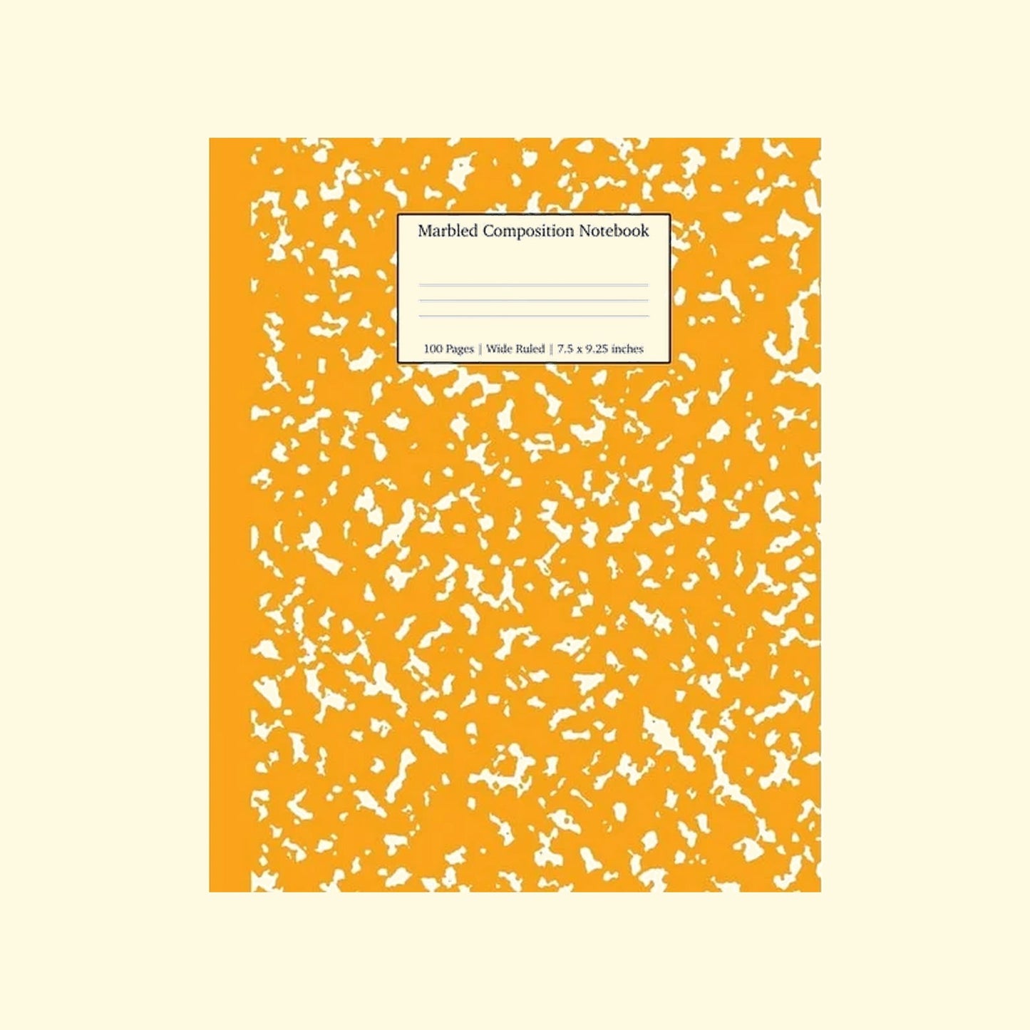 Marbled composition notebook with orange and white pattern on a beige background