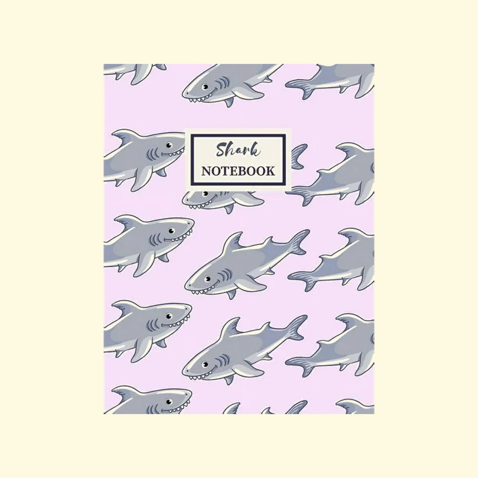Notebook with shark pattern on a light purple background