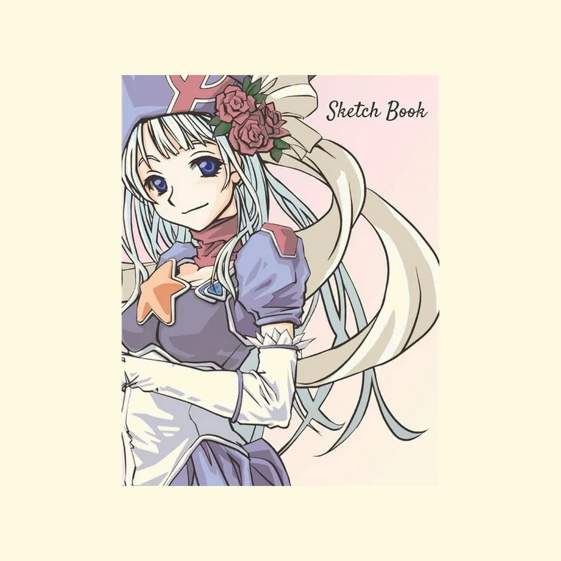Illustration of a character on a 'Sketch Book' cover with a pastel background