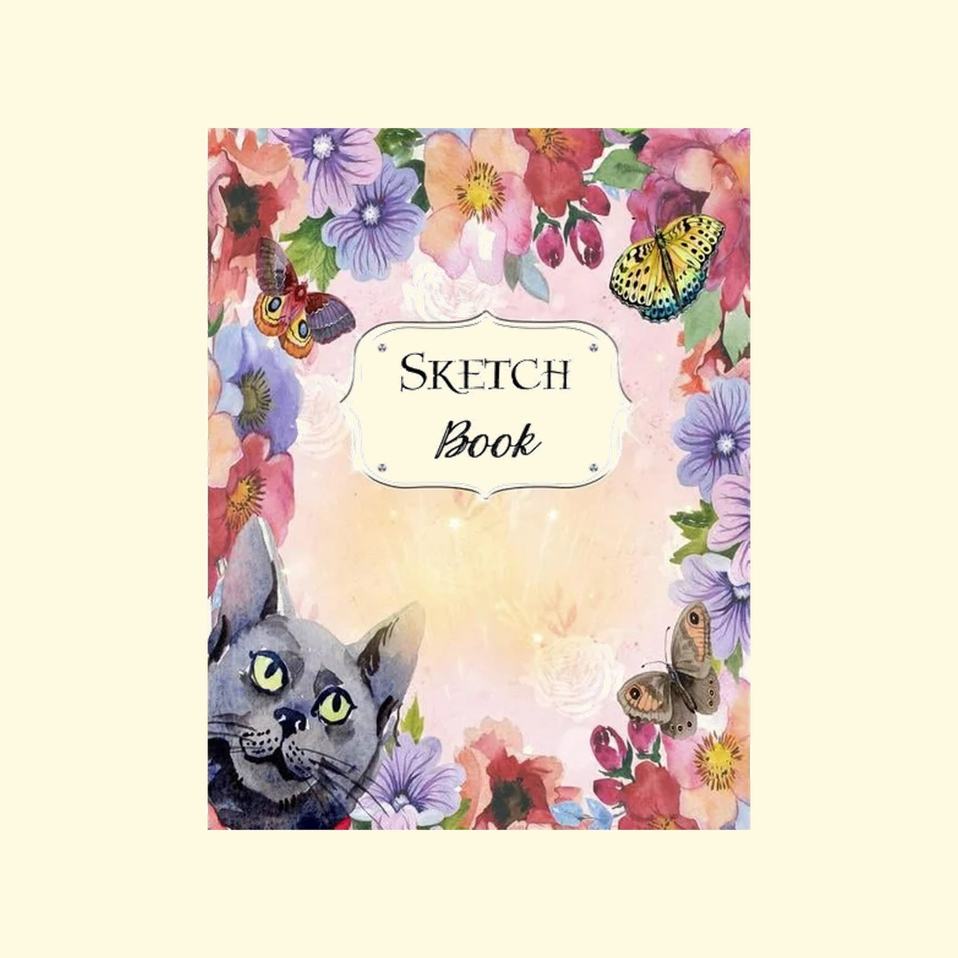 Sketchbook cover with a cat, flowers, and butterflies on a colorful background