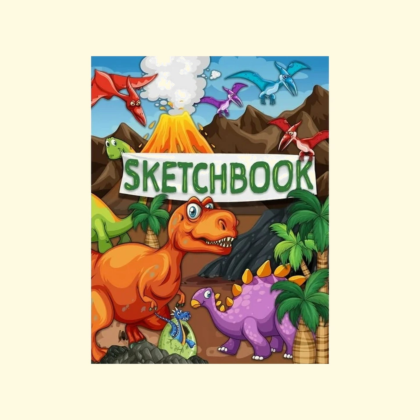 Dinosaurs on a mountain with a 'Sketchbook' sign, colorful illustration