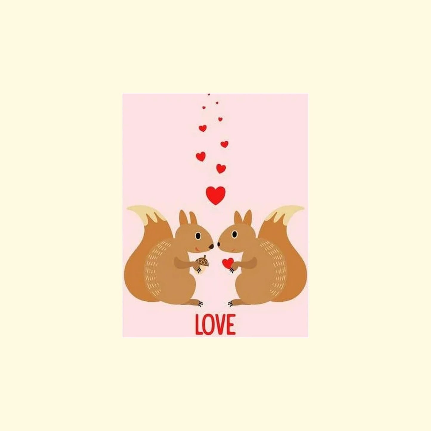 Illustration of two squirrels holding a heart with more hearts above, on a pink background.