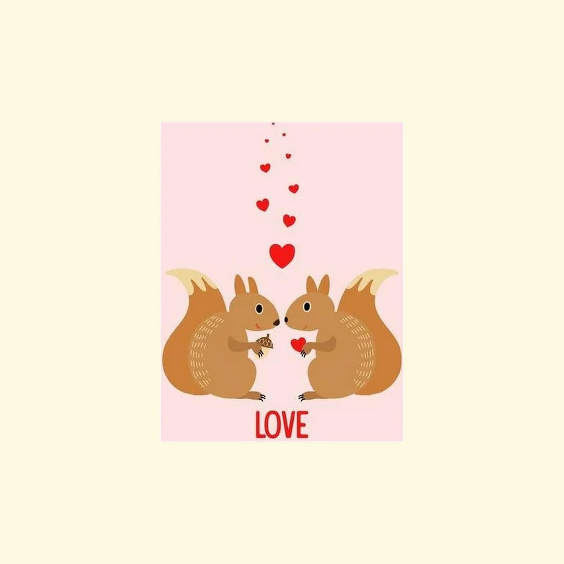 Illustration of two squirrels holding a heart with more hearts above, on a pink background.