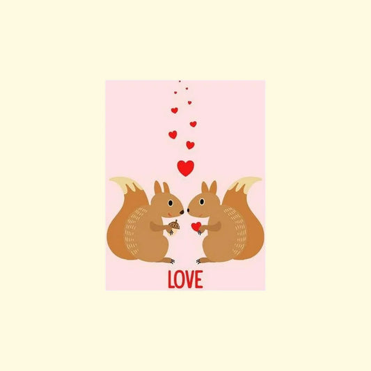 Illustration of two squirrels holding a heart with more hearts above, on a pink background.