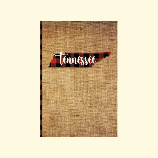 Notebook with Tennessee state outline design on a burlap texture background