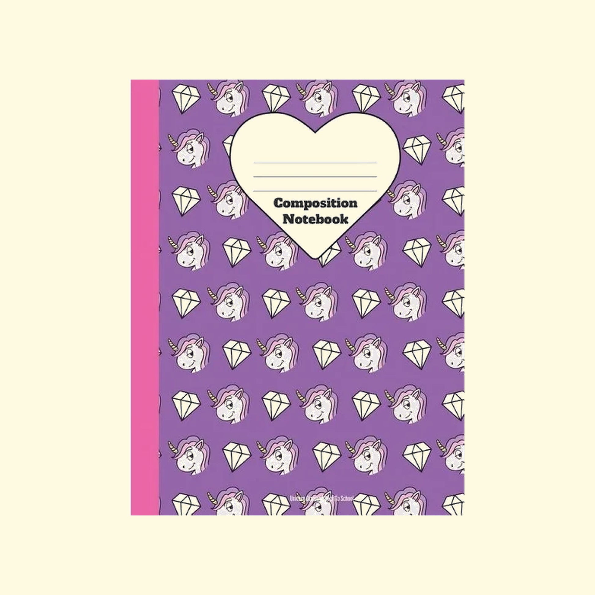 Composition notebook with unicorn and diamond pattern on a purple cover
