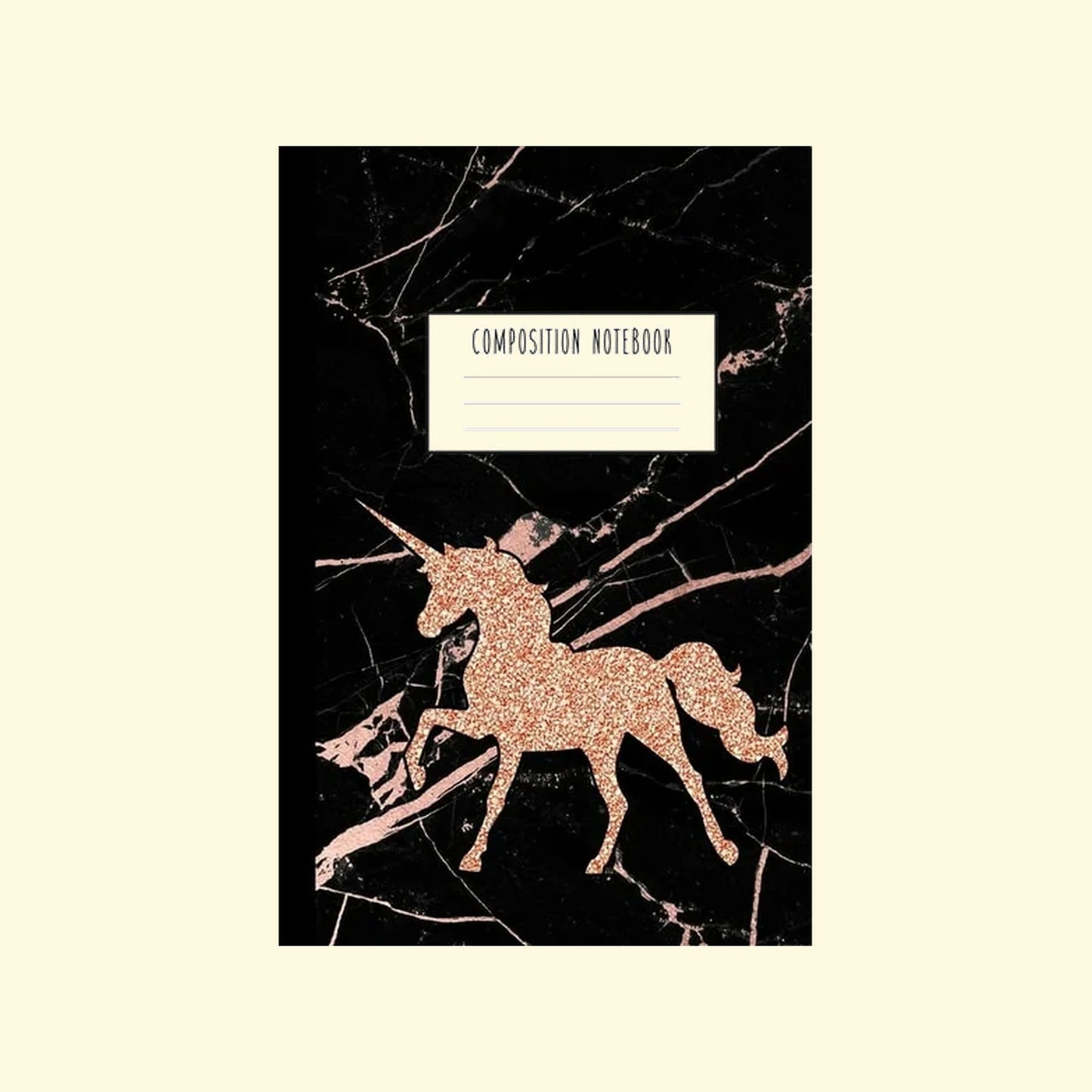 Composition notebook with unicorn design on black marble background