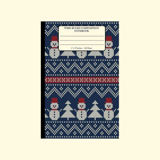 Wide ruled Composition notebook with snowman pattern on a blue background