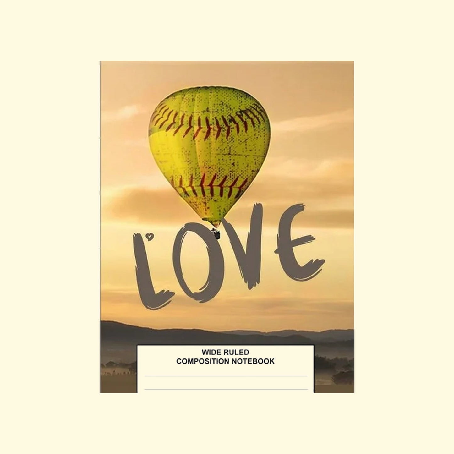 Wide ruled composition notebook with a hot air balloon and 'LOVE' text against a sunset sky